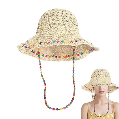 KASESSS Strohhut Damen, Sonnenhut Damen, Faltbar Sommerhut Damen, Handgewebt Floppy-Strandhut mit Farbigen Perlenketten, Atmungsaktiv UV Schutz Strohhut für Strand Wandern Reise Urlaub, Beige von KASESSS