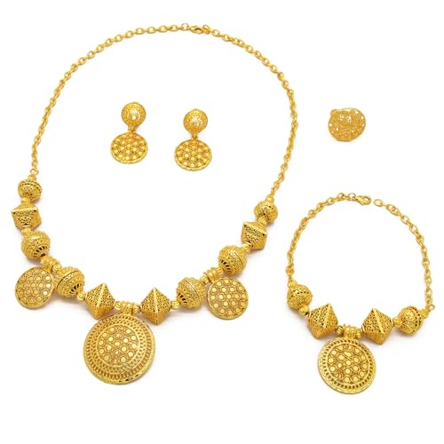 KASFDBMO Elegantes Afrikanisches Runde Anhänger Schmuck Set Sprudeln Goldfarbe Halskette Armband Armreifen Ringe Set Für Die Abendversammlung KASFDBMO Elegantes Afrikanisches Runde Anhänger Schmuck Set Sprudeln Goldfarbe Halskette Armband Armreifen Ringe Set Für Die Abendversammlung von KASFDBMO