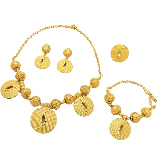 KASFDBMO Elegantes Afrikanisches Runde Anhänger Schmuck Set Sprudeln Goldfarbe Halskette Armband Armreifen Ringe Set Für Die Abendversammlung KASFDBMO Elegantes Afrikanisches Runde Anhänger Schmuck Set Sprudeln Goldfarbe Halskette Armband Armreifen Ringe Set Für Die Abendversammlung von KASFDBMO