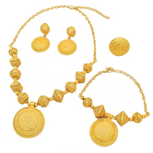 KASFDBMO Elegantes Afrikanisches Runde Anhänger Schmuck Set Sprudeln Goldfarbe Halskette Armband Armreifen Ringe Set Für Die Abendversammlung KASFDBMO Elegantes Afrikanisches Runde Anhänger Schmuck Set Sprudeln Goldfarbe Halskette Armband Armreifen Ringe Set Für Die Abendversammlung von KASFDBMO