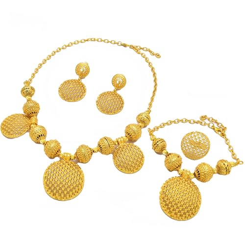 KASFDBMO Elegantes Afrikanisches Runde Anhänger Schmuck Set Sprudeln Goldfarbe Halskette Armband Armreifen Ringe Set Für Die Abendversammlung KASFDBMO Elegantes Afrikanisches Runde Anhänger Schmuck Set Sprudeln Goldfarbe Halskette Armband Armreifen Ringe Set Für Die Abendversammlung von KASFDBMO