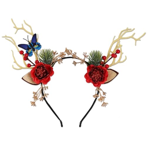 KASFDBMO Geweih Blume Schmetterling Stirnband Weihnachten Kopfbedeckung Weihnachten Party Foto Requisiten Party Kopfbedeckung Cosplay Zubehör von KASFDBMO