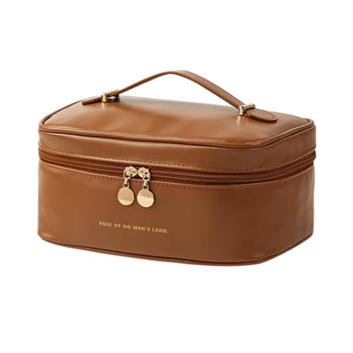 KASFDBMO Kulturbeutel mit großem Fassungsvermögen, tragbare PU-Make-up-Tasche, multifunktionale Aufbewahrung für Damen, braun von KASFDBMO