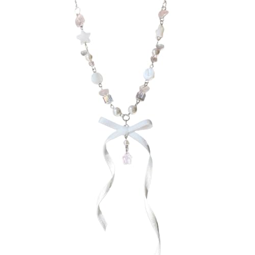 KASFDBMO Lange Halskette für Damen, Seidenband, Schleife, elegant, schwarz/silber, Schlüsselbeinkette, vielseitiger Kristallperlenschmuck für Frauen, Siehe Abbildung von KASFDBMO