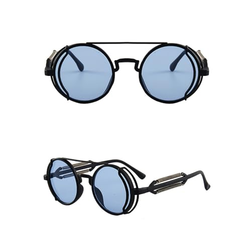 KASFDBMO Runde polarisierte Vintage-Sonnenbrille mit farbigen Gläsern, Outdoor-Brillen, Gothic-Steampunk-Rahmen, modische Sonnenbrille, Schwarzer Rahmen, Eisblau von KASFDBMO