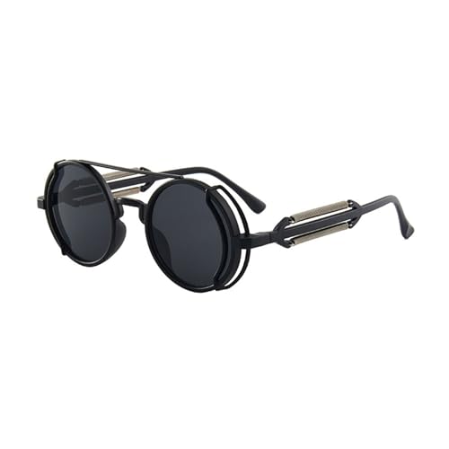 KASFDBMO Runde polarisierte Vintage-Sonnenbrille mit farbigen Gläsern, Outdoor-Brillen, Gothic-Steampunk-Rahmen, modische Sonnenbrille, Schwarzer Rahmen, graue Folie von KASFDBMO