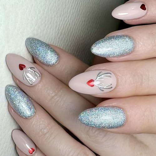 Künstliche Fingernägel, schöne Elche, volle Abdeckung, zum Aufkleben, mittlere Mandel, zum Aufdrücken der Nägel für Frauen von KASFDBMO