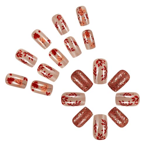Thanksgiving Press Auf Nägeln Kurzquadratische Künstliche Nägel Mit Ahornblättern Konstruktionen Falsche Nägel Für Frauen 24pcs von KASFDBMO