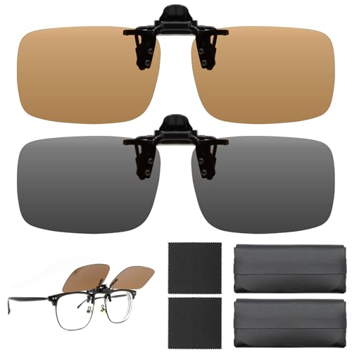 KASURE 2 Stück Polarisierte Clip auf Sonnenbrille, 2 Spiegeletuis und 2 Fiberglastücher, Sonnenbrillen Aufsatz Brille für Brillenträger Sonnenbrille Clip für Herren Damen, 2 Farben von KASURE