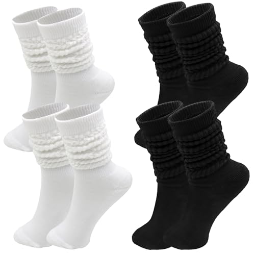 KASURE 4 Paare Damen Slouch Socken, Stulpen Socken Trachtenstrümpfe Lange Socken Extra lange Baumwolle stricken Knie hoch dick Scrunch Socken Baumwoll Strickstiefel Strümpfe 39-44 von KASURE