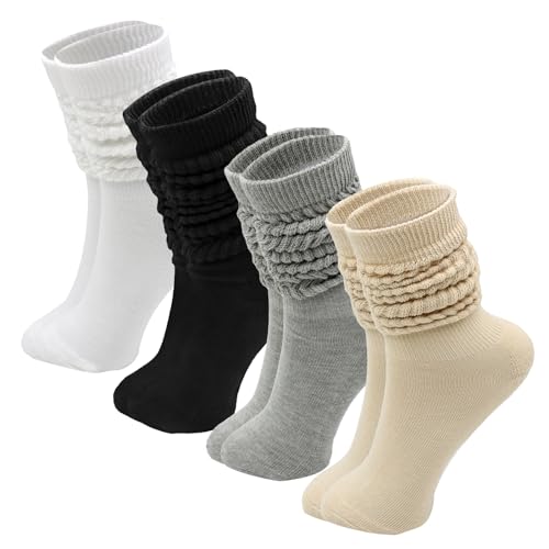 KASURE 4 Paare Damen Slouch Socken, Stulpen Trachtenstrümpfe Lange Extra Lange Baumwolle Stricken Knie Hoch Dick Scrunch Baumwoll Strickstiefel Strümpfe 39-44 von KASURE