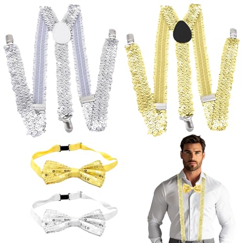 KASURE 4 Stück Glitzer Outfit Herren, Pailletten Hosenträger und Fliege, Glitzer Kostüm Herre mit Pailletten Hosenträger Pailletten Fliege für Jazz Hip-Hop Dance Performance, Halloween Mottoparty von KASURE