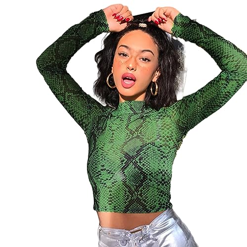 Casual Green Snake Print T Shirt Frauen Mesh Top Langarm Transparent Schlangen Weibliche T-Shirt Neck Crop Tops,Grün,S von KASUTAM