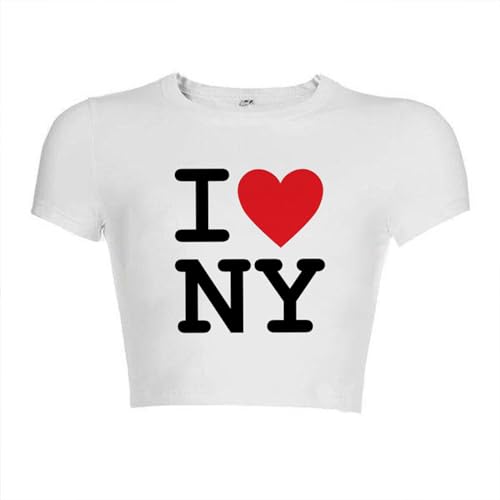 Crop Tops I Love NY 2000s Streetwear Harajuku Damen T-Shirt Kurzarm Y2K Fashion Letter Print Niedliche Baby-T-Shirts E-Girls Slim,Weiß,L von KASUTAM