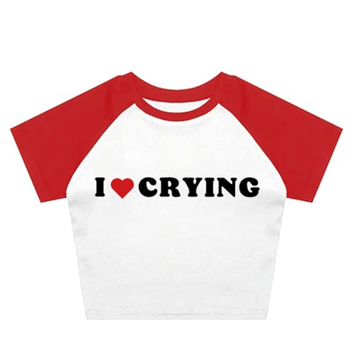 Damen Kurzarm-Top „I Love Crying Letter“ Grafik Y2k-Ästhetik Vintage Harajuku Gespleißtes T-Shirt Crop Tops Koreanische Mode,Weiß,S von KASUTAM