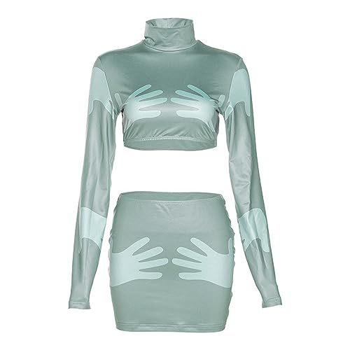 Sexy Party Frauen Sommer Grün Crop Tops Punk Y2k Harajuku Hand Druck Lange Hülse Sehen Durch Transparente Mesh Strumpfhosen T-Shirt Set,Grün,M von KASUTAM