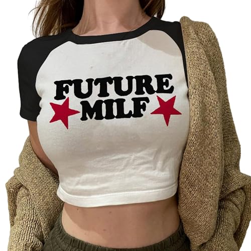 Y2k Crop T-Shirts Future Milf Star Fashion Damen Crop Top Harajuku Streetwear Slim T-Shirt Sommer Grafik Streetwear T-Shirt,Weiß,S von KASUTAM