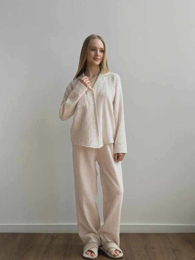 Damen Pyjamas-Sets, Beige Streifen, Heimkleidung, Komfort Des Täglichen Verschleißes, Natürliches Weiches Material, Angenehm Für Den Körper Und von KASVIStore