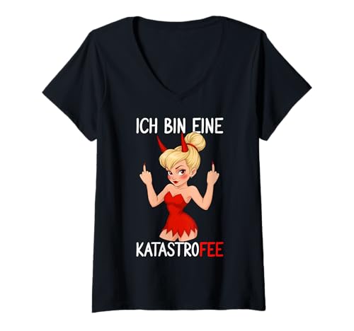 Damen ICH BIN EINE KATASTROFEE - Katastrophe Mittelfinger Teufelin T-Shirt mit V-Ausschnitt Damen ICH BIN EINE KATASTROFEE - Katastrophe Mittelfinger Teufelin T-Shirt mit V-Ausschnitt von KATASTROFEE - Karneval Fasching Fee Teufel Kostüm