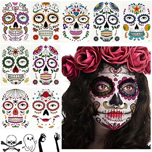 9 Blätter Halloween Tattoos Gesicht, Tag Der Toten Tattoos, Temporäre Tattoo Totenkopf, Temporäre Gesichtstattoo, Halloween Temporäre Tattoos für Halloween, Cosplay, Party (E) von KATELUO