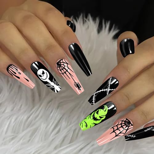 Halloween Press on Nails, 24 PCS Halloween Aufdrücken auf Nägel, Künstliche Nägel für Frauen, Falsche Nägel für Frauen und Mädchen für Halloween Dekoration (A) von KATELUO