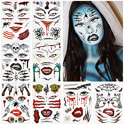 KATELUO Halloween Gesicht Temporäre Tattoos, Tattoos Aufkleber,halloween make up,halloween kostüm,Tattoos,Narben Kratzer Aufkleber Narbenblut Aufkleber,Geeignet für Halloween-Mottopartys. (Size E) von KATELUO