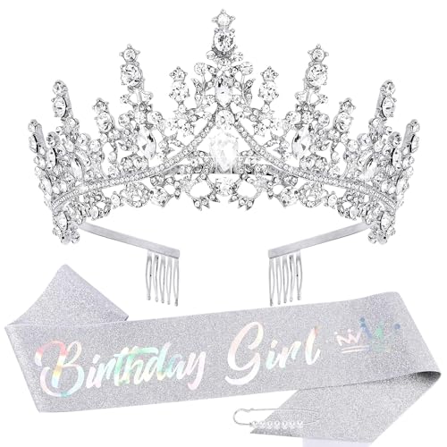 Krone geburtstag frau,kronenkristall geburtstag tiara,geburtstag krone schärpe,geburtstag gürtel und krone set,frauen party accessoires birthday,silber von KATELUO