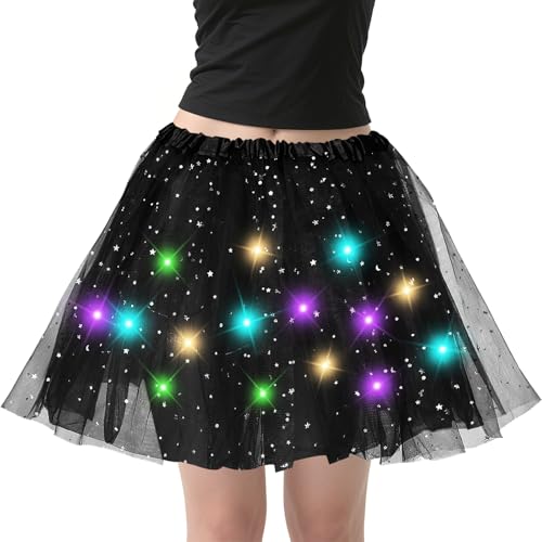 LED Tüllrock Damen Tütü Rock, 40CM Sterne Pailletten Ballettrock Schwarz, Minirock Mit LED Lichter, Tüllrock Damen Tütü Erwachsene für Halloween Kostüm Karneval Cosplay Ballett Maskerade von KATELUO