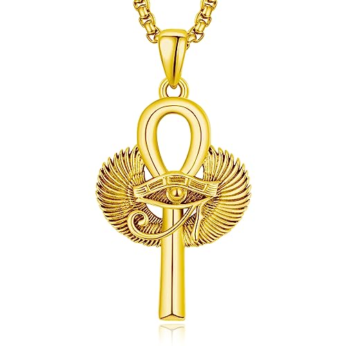 KATHLU Auge des Horus Flügel Ankh Kreuz Halskette für Herren Damen 925 Sterling Silber 14K vergoldet Amulett Ankh Auge des Horus Anhänger als Geschenk für Jungen - Gold von KATHLU