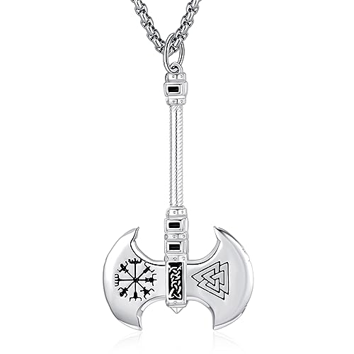 KATHLU Halskette mit Nordischer Wikinger Thor Axt Valknut Runen für Männer und Frauen Helm der Ehrfurcht Heidnische Mythologie Schutzanhänger Schmuck Geschenk- Silber von KATHLU