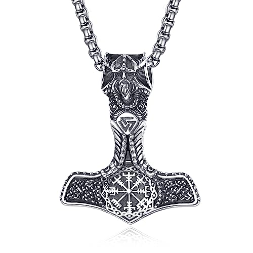 KATHLU Halskette mit nordischem Wikingerhammer Thorhammer mit Helm der Ehrfurcht Valknut für Männer und Frauen Heidnische Mythologie Mjölnir Keltischer Knoten Schutzanhänger Schmuck als Geschenk von KATHLU