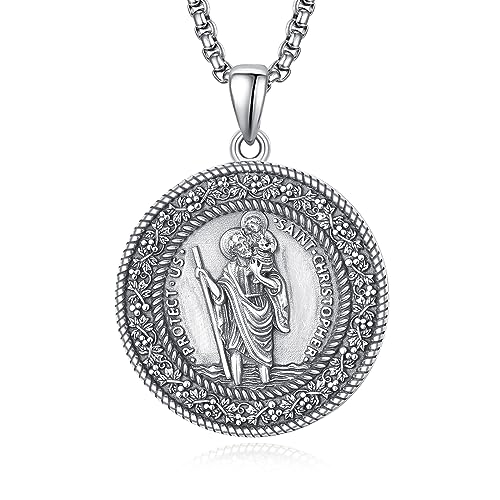 KATHLU Heilige Saint St Halskette 925 Sterling Silber Segen Amulett Medaille Schmuck für Herren Damen katholischen Schutzpatron Religiösen Schmuck (A03-Saint Christophorus Runde, Silber) von KATHLU