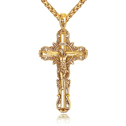 KATHLU Schmuck Herren Halskette Katholische Jesus Christus auf INRI Kreuz Kruzifix Anhänger mit 22 Zoll Kette Silber von KATHLU