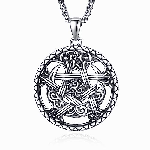 KATHLU Wikinger Runen Triskelion Pentagramm Keltischer Knoten Mond Halskette für Männer Frauen/925 Sterling Silber Keltischer Knoten Triskele Davidstern Anhänger Münze Tri-Bend Peg Schmuck von KATHLU