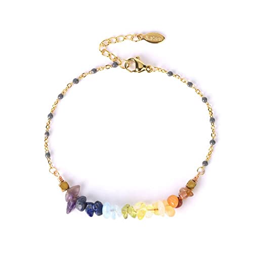 Chakra Armband Echte Steine,Verstellbarer 7 Chakra-Kristall-Armreif, Natürliches Graues Karneol-Kristall-Armband Mit Plattierter Goldener Kette, Modeschmuck-Geschenke für Mädchen Frauen von KATIAK