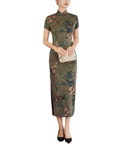 KATIAK Damen Cheongsam Kleid, Traditionelles Chinesisches Langes Qipao Kleid, Retro Grün, Stehkragen, Blumenstrauch, Schmetterlingsdruck, Figurbetontes Kleid, Sexy Slim Fit Cocktailkleid Mit Seiten von KATIAK