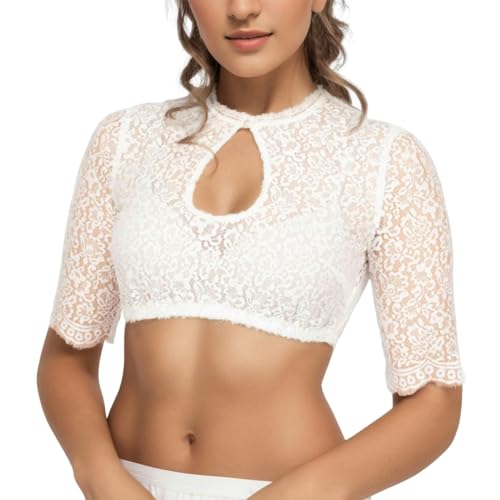 KATIAK Dirndlbluse Frauen Dirndl Blusen Spitzen Elegante Tops Bluse Für Hollow Out Crop Top-Weiß-XXL von KATIAK
