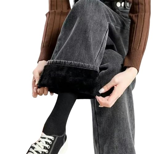 KATIAK Fleece Jeans Damen Winter Baggy Hohe Taille Frauen Knöchel-Länge Winter Verdicken Plüsch-Samt Mit Weiten Beinjeans Aus-Schwarz-M 45-50 Kg von KATIAK