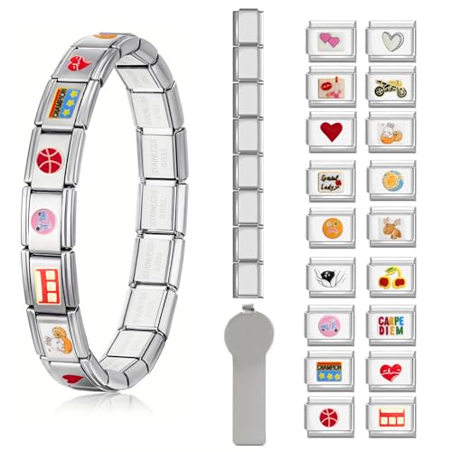 KATIMI 18 Muster Italian Charm Bracelet Set, 8 Zusätzlich Italian Charms mit Öffnungswerkzeugen, 9mm Abnehmbar Modul für Italienische Armbänder, Charm Nomination Armband Glieder für Damen Mädchen von KATIMI
