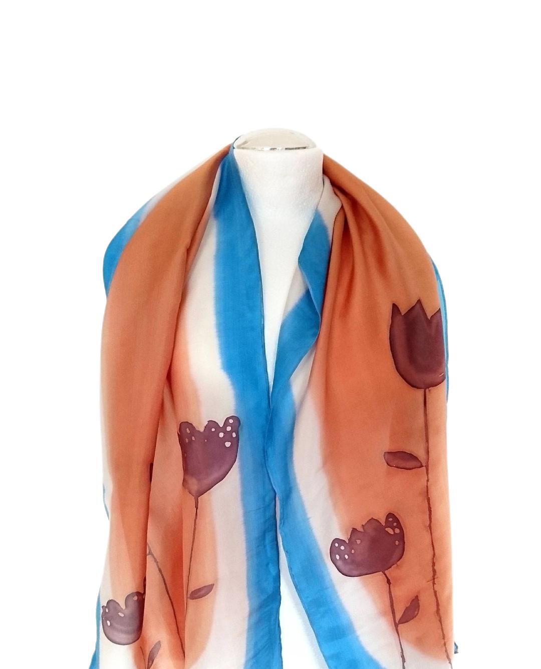 Handbemalte Seidenschal Florales Design, Blau Kupfer Braun Handbemalte Seidenschal Florales Design, Blau Kupfer Braun von KATKAartSHOP