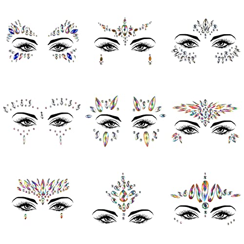 KATOOM 9stk Glitzersteine Gesicht Edelsteine Selbstklebend Strasssteine Tag der Toten Make Up Day Of The Death Strass Steine Aufkleber Körperschmuck Schmucksteine für Karneval Halloween Fasching von KATOOM