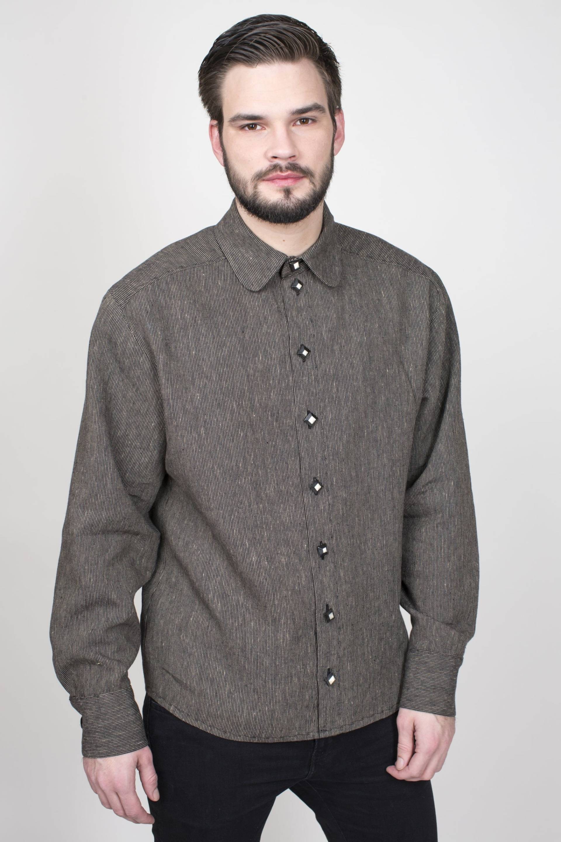 Klassisch Edles Leinenhemd, Schmal Gestreiften Schwarz/Naturgrau, Abgerundete Form, Herrenhemd von KATRINBENDICK