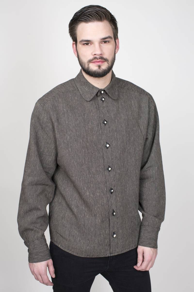 Klassisch Edles Leinenhemd, Schmal Gestreiften Schwarz/Naturgrau, Abgerundete Form, Herrenhemd von KATRINBENDICK