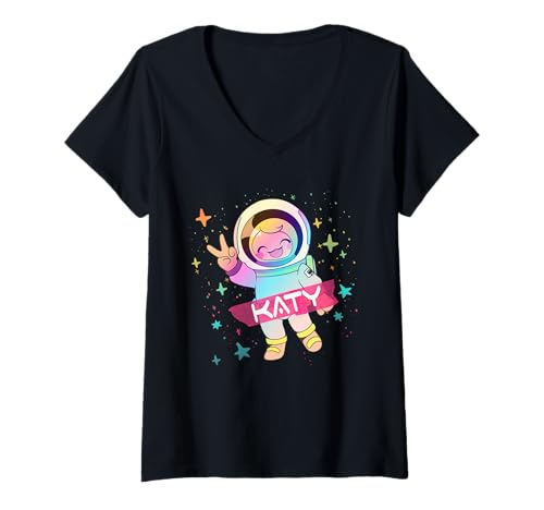 Damen Katy - Schöner Mädchen Name mit Cooler Astronautin T-Shirt mit V-Ausschnitt von KATY Tochter Enkel Geburtstag Geschenkideen