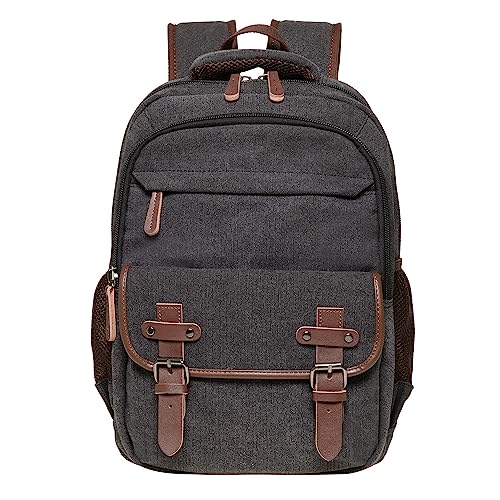 KAUKKO Canvas Freizeit Rucksack für Damen Herren, Vintage Wanderrucksack mit 14 Zoll Laptopfach für Arbeit, Ausflüge, 24L, Schwarz-KS28 von KAUKKO