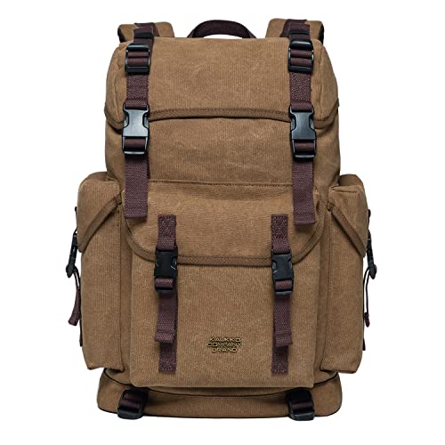 KAUKKO Canvas Groß Rucksack Damen Herren, Vintage Jagdrucksack Wanderrucksack mit 15 Zoll Laptopfach für Arbeit, Ausflüge, Uni, 23L, Khaki-K1018 von KAUKKO