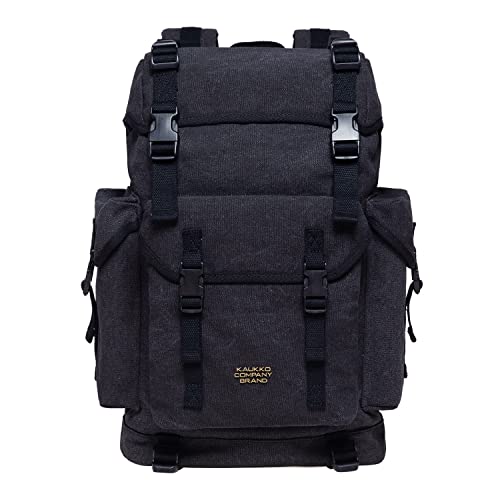 KAUKKO Canvas Groß Rucksack Damen Herren, Vintage Jagdrucksack Wanderrucksack mit 15 Zoll Laptopfach für Arbeit, Ausflüge, Uni, 23L, Schwarz-K1018 von KAUKKO