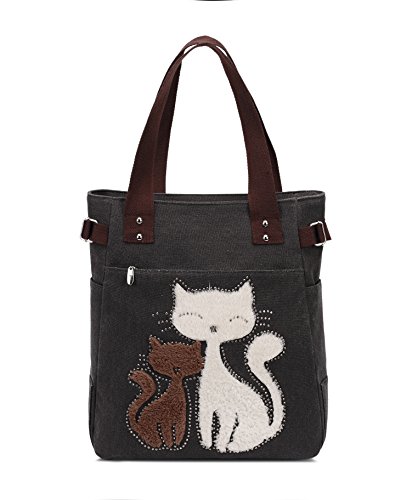 KAUKKO Canvas Handtaschen Niedliche Katzen Shopper Schultertasche Frauen Ideal Geschenk für Mädchen, Damen, Katzen Liebhaber, Schwarz-93 von KAUKKO