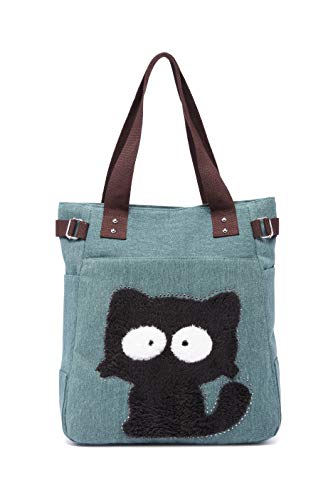 KAUKKO Canvas Handtaschen Niedliche Katzen Shopper Schultertasche Frauen Ideal Geschenk für Mädchen, Damen, Katzen Liebhaber,Grün-94 von KAUKKO