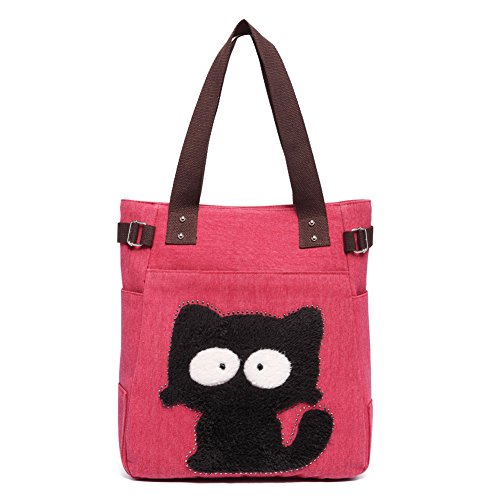 KAUKKO Canvas Handtaschen Niedliche Katzen Shopper Schultertasche Frauen Ideal Geschenk für Mädchen, Damen, Katzen Liebhaber,Rot-94 von KAUKKO